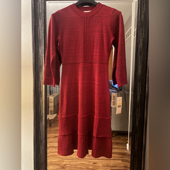 Nanette Lepore Red Shimmer Long Sleeve Knit Dress - Picture 3 of 12